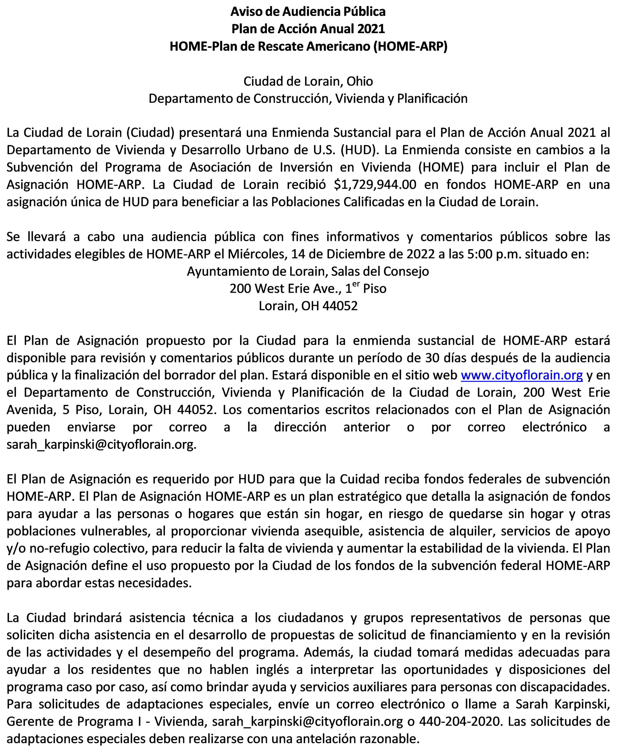 Notice of Public Hearing Spanish (HOME-ARP)