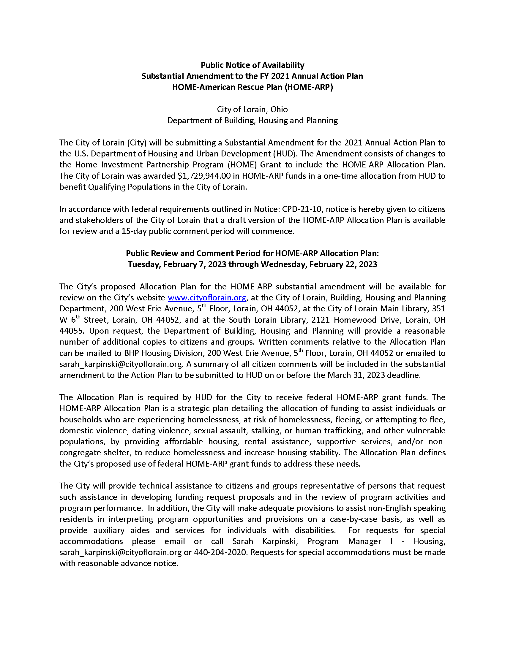 Public Notice HOME ARP draft plan English