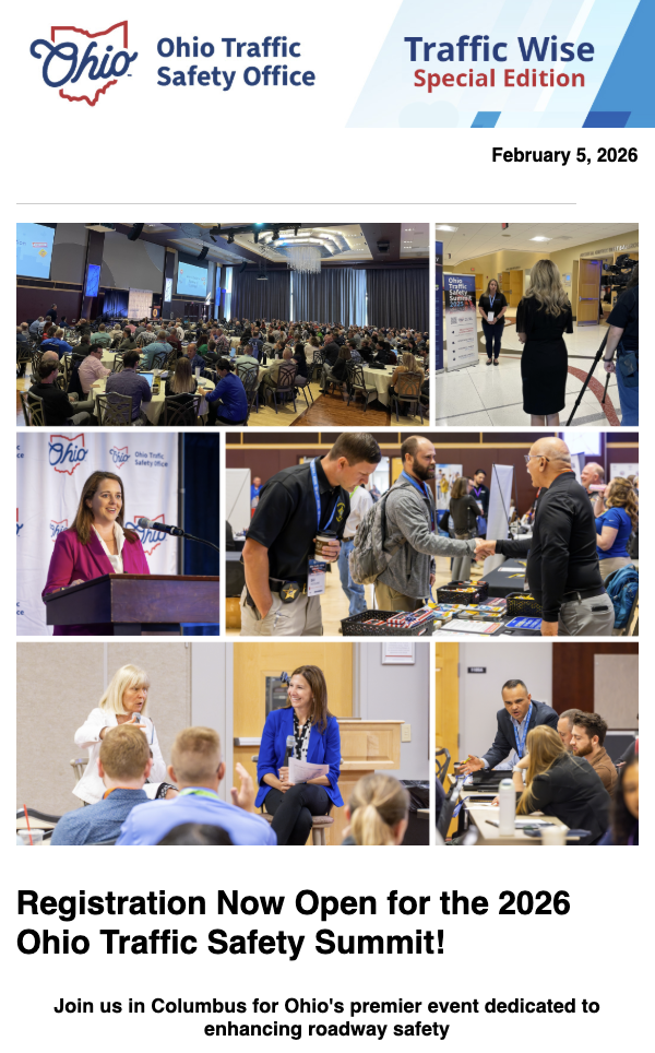 Graphic announcing registration open for the 2026 Ohio Traffic Safety Summit with conference scenes.