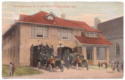 Image of a colored postcard from the 1800s depicting horse draw fire wagons